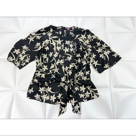 Vince Camuto Womens Sz M Black Floral Tie-Front Peplum Tropical Blouse Top - Picture 3 of 8